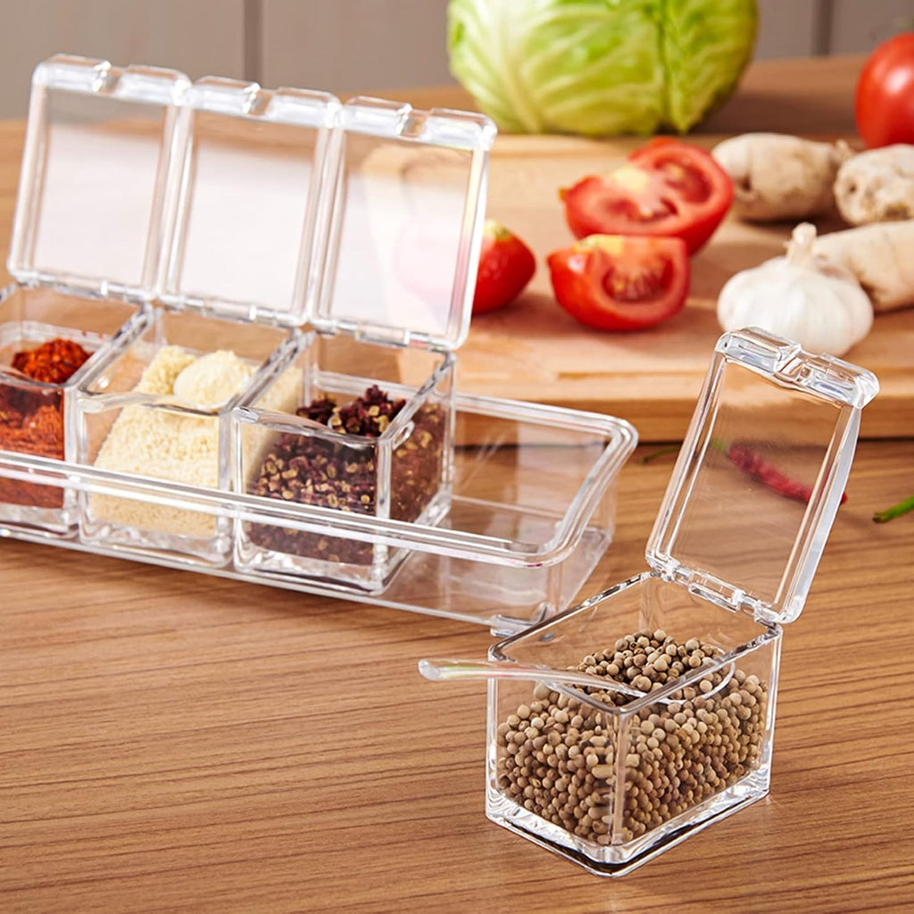 Crystal Seasoning Box With 4 Compartments And Spoons �Transparent Spice Storage Container Set For Kitchen Organization