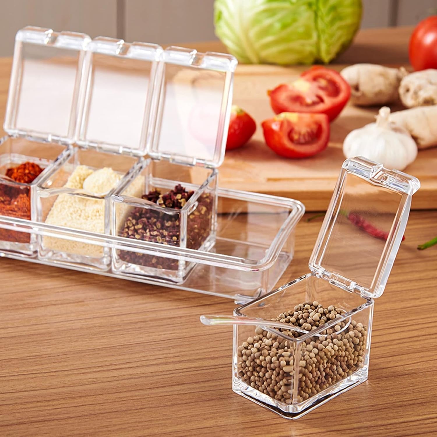 Crystal Seasoning Box With 4 Compartments And Spoons �Transparent Spice Storage Container Set For Kitchen Organization