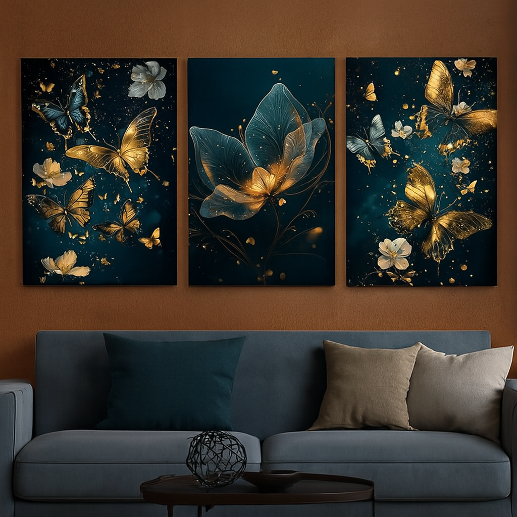 3 Pcs Butterfly Wall Art Frame Set �Elegant Golden Butterfly And Floral Design With Wooden Sticky Tile �8x11 Inches With Double Tape