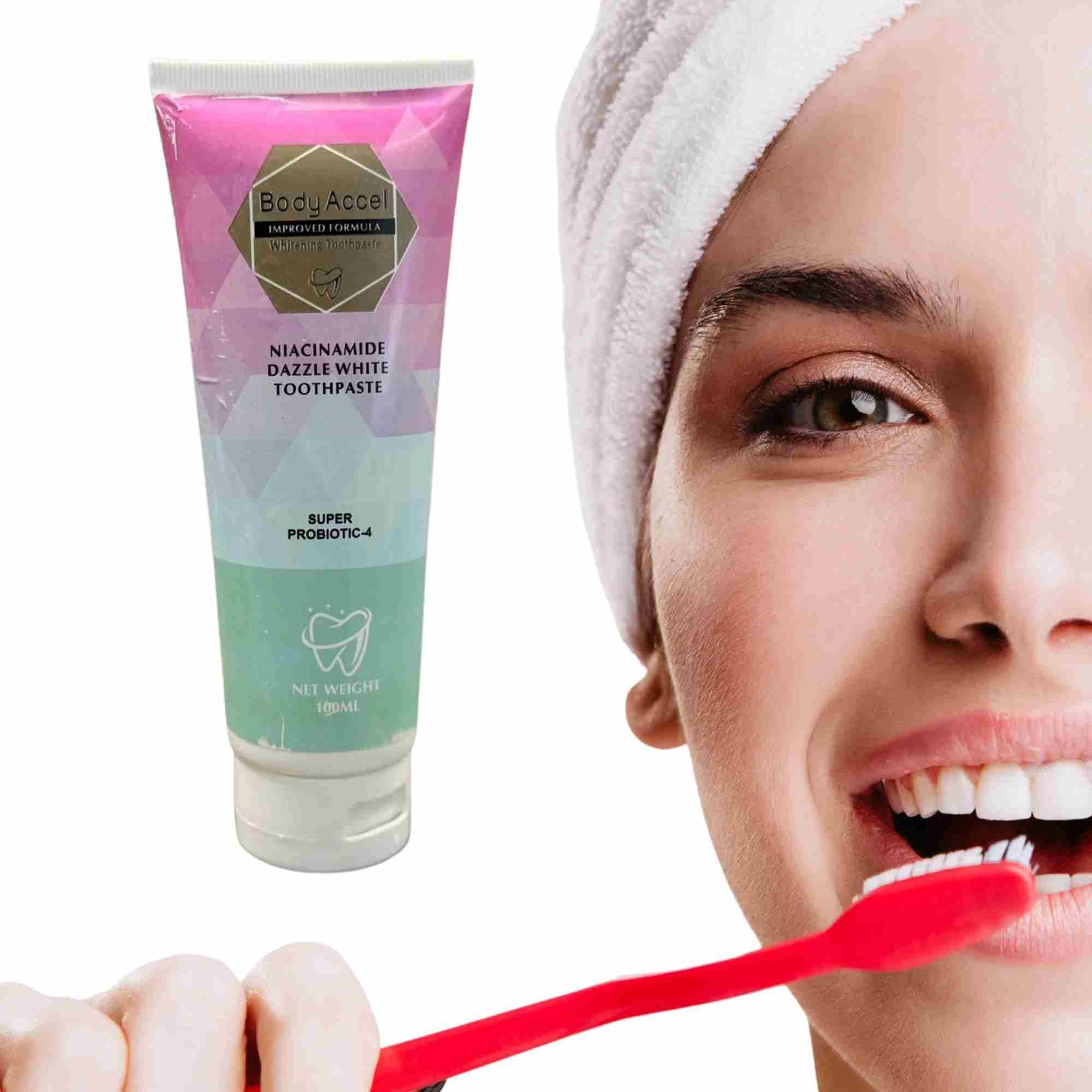 Body Accel Niacinamide Whitening Toothpaste 100ml �Advanced Stain Removal with Probiotics for Bright Smile & Fresh Breath