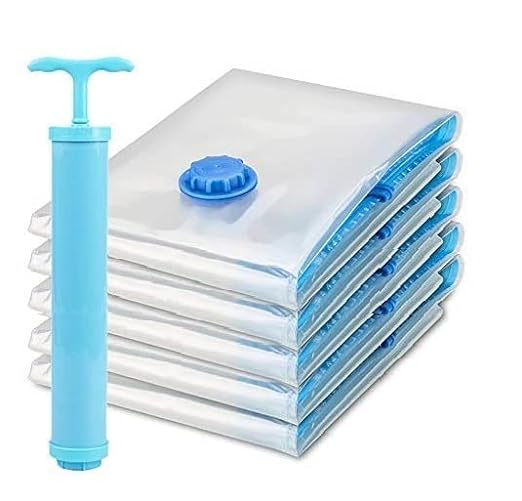 Vacuum Storage Bags Set (5 Bags + 1 Hand Pump) �Reusable Space Saver Compression Bags for Clothes, Bedding & Travel
