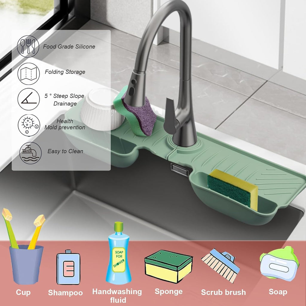 Silicone Faucet Splash Guard Mat with Sponge Holder �Green Sink Water Catcher & Kitchen Organizer
