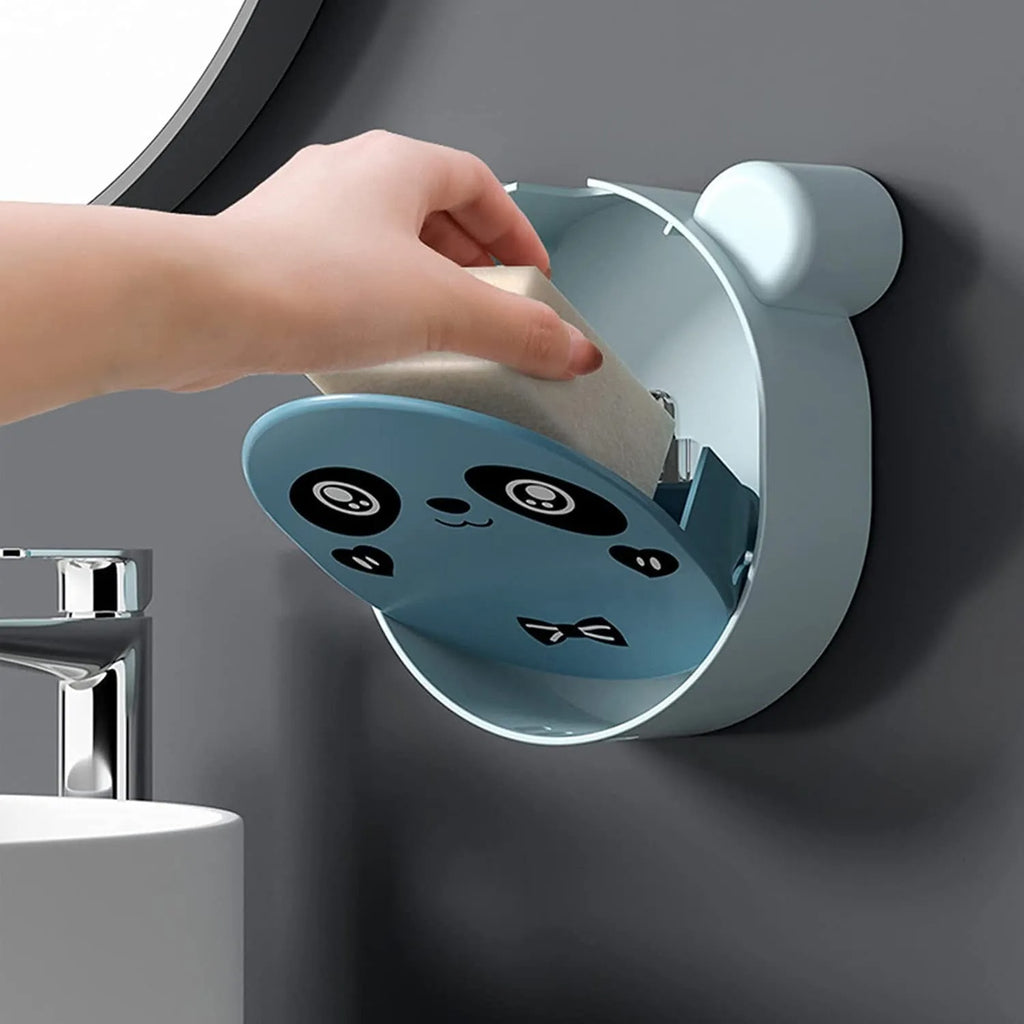 Wall Mounted Cute Panda Soap Dish Holder  �Punch-Free Plastic Soap Box Rack for Bathroom & Kitchen Storage (Random color)