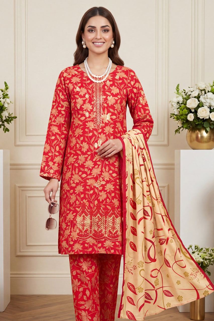 Aneela? Premium Embroidered Lawn 3PC Unstitched Suit with Printed Dupatta