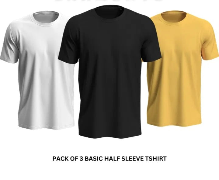 Pack of 3 Premium Half Sleeves Round Neck Plain Color T-Shirts for Men & Boys �Soft Comfortable Fabric (Size Medium)