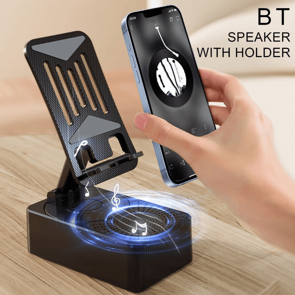 3-in-1 Rotating Foldable Mobile Phone Stand with Built-in Bluetooth Speaker �Adjustable Desktop Holder for Smartphones