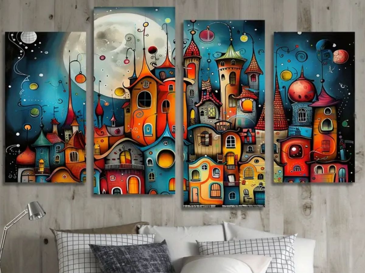 Abstract Fantasy City Wall Art Canvas Set �Colorful Modern Decorative Panels (Size : 2pcs 8*14 & 2pcs 8*16)