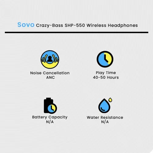 SOVO Crazy-Bass SHP-550 Wireless Headphones with Deep Bass, Bluetooth Connectivity, Long Battery Life and Comfortable Over-Ear Design