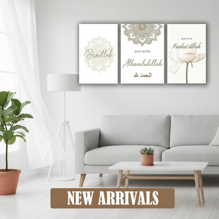 3-Piece Islamic Wall Art Frame Set �Bismillah, Alhamdulillah & InshaAllah Quotes �8x11 Inch Modern Home D?or with Double Tape for Easy Mounting
