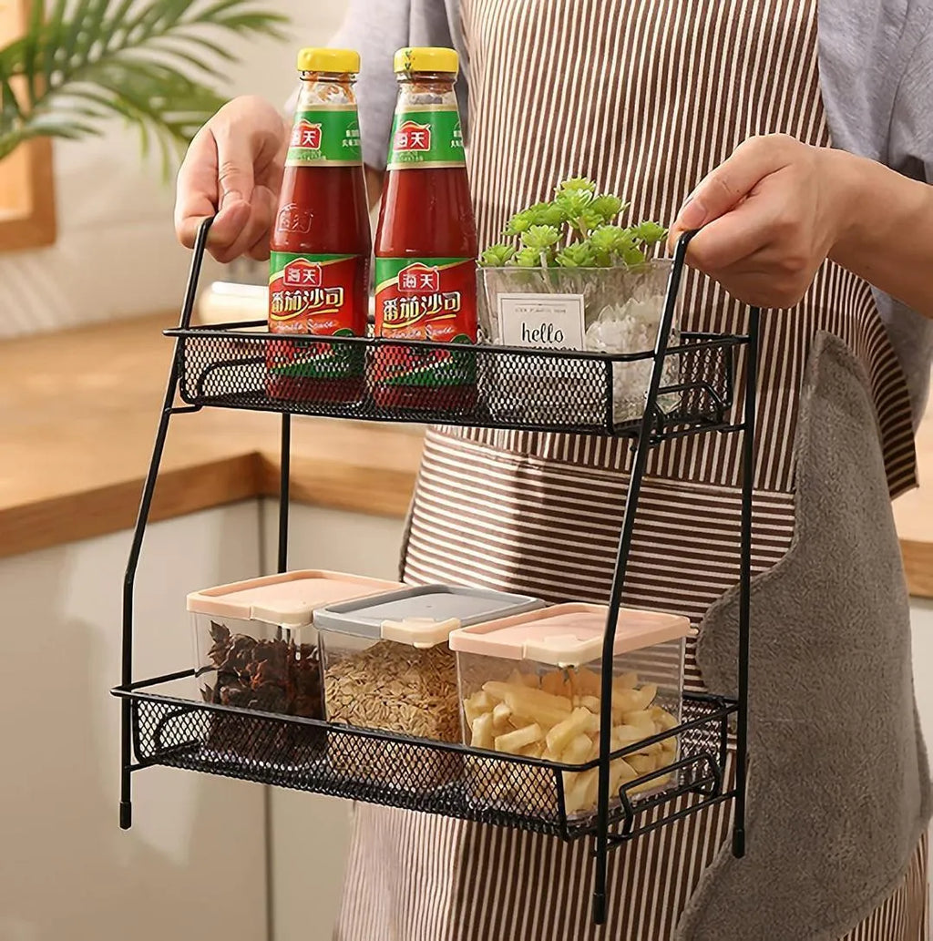 Two Tier Metal Kitchen Storage Rack Black Mesh