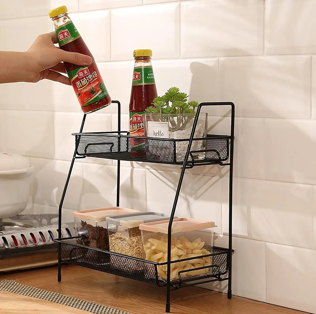 Two Tier Metal Kitchen Storage Rack Black Mesh