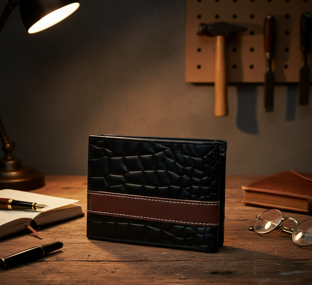 Men? Croc-Texture Cow Leather Wallet �Black with Maroon Strip | Stylish Bifold Slim Wallet