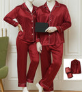 Classic Couple Night Suit Silk Satin Pajama Set �Long Sleeve Top & Full-Length Pants (4 Pcs) | Free Size SKU: DC-C007 Red