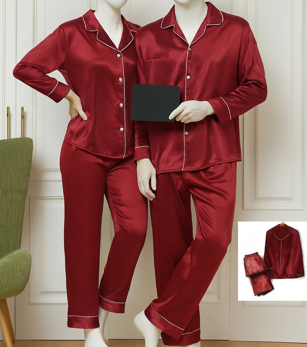 Classic Couple Night Suit Silk Satin Pajama Set �Long Sleeve Top & Full-Length Pants (4 Pcs) | Free Size SKU: DC-C007 Red