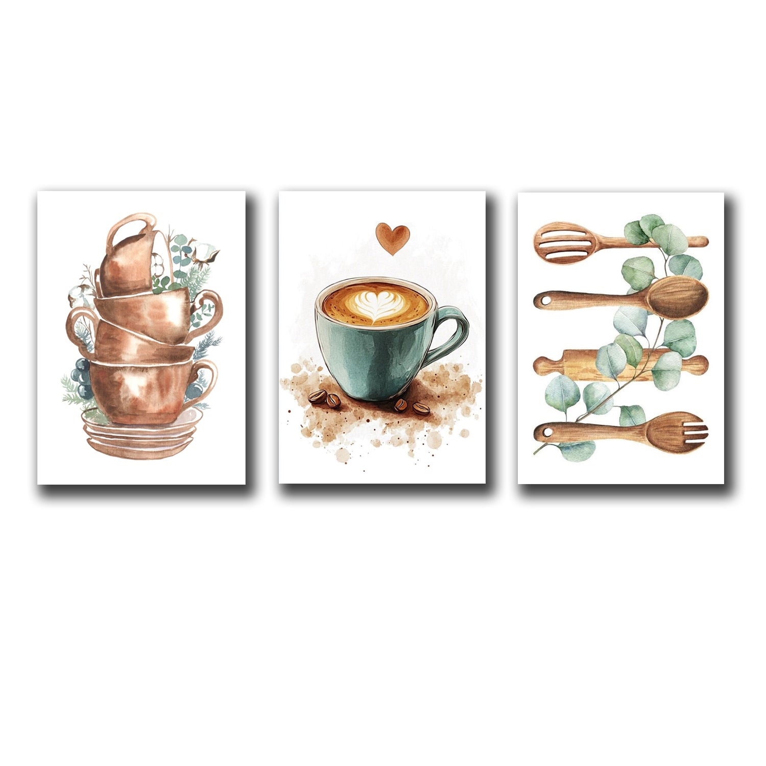Set of 3 Wall Art Sticky Wooden Canvas Frames for Dining Room and Kitchen Decor / Sticky Photo Tiles