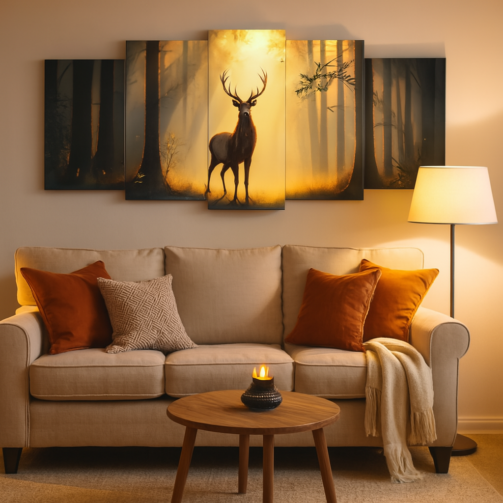 5-Piece Wooden Wall Frame �Deer in Forest Sunset Design | 16x40 Inch with Sticky Tiles