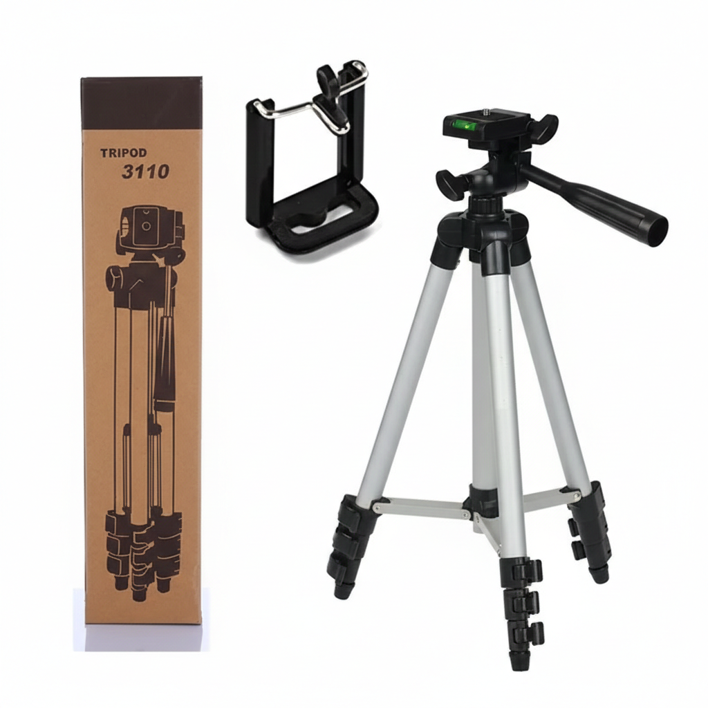 Tripod 3110 Portable Adjustable Aluminium Lightweight Camera Stand Tripod, with 3-Dimensional Head and Quick Release Plate for Video Cameras and Mobile, Black, Silver | 3110