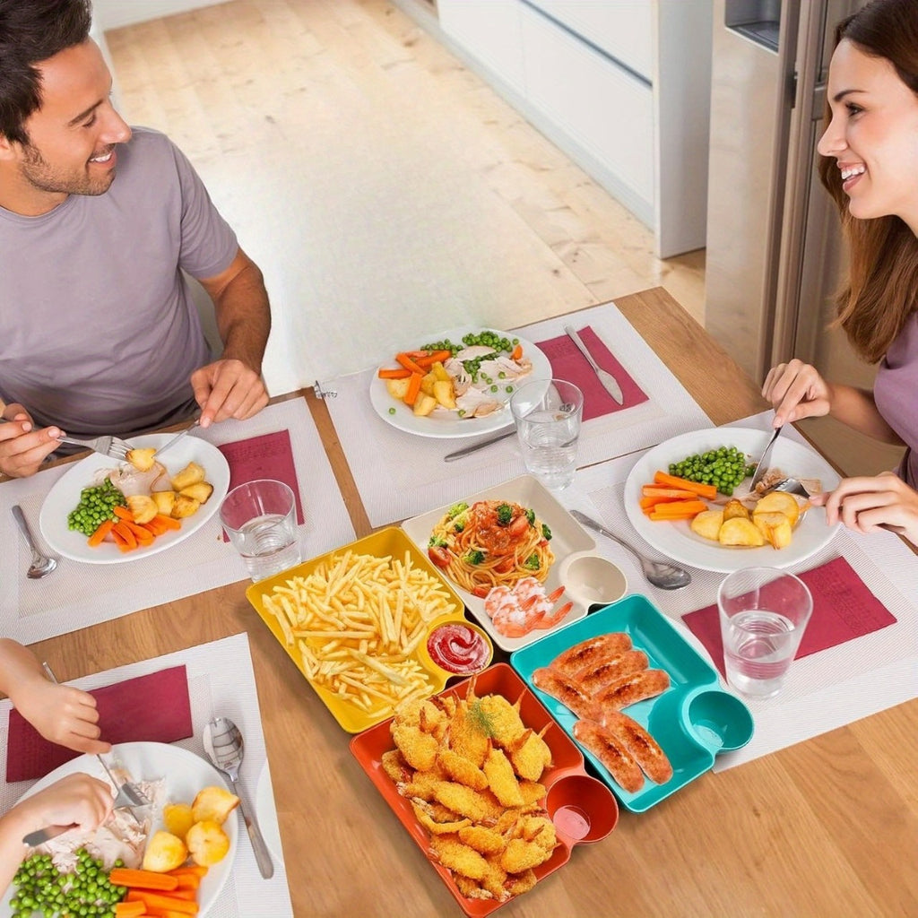 4-Piece Colorful Serving Platter Set �BPA-Free Snack, Sushi, Appetizer & Dessert Plates with Built-in Dipping Bowls for Parties & Everyday Use (Random Color)