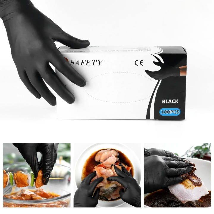 Safety Fine Black Nitrile Gloves �Powder-Free, Disposable �Box of 100