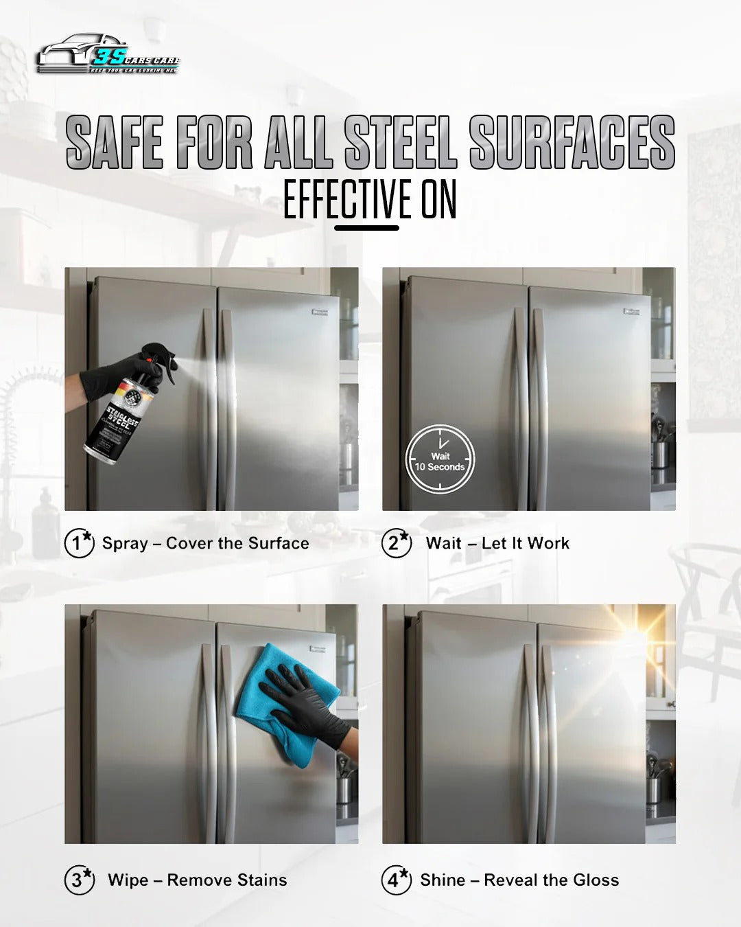 Stainless Steel Cleaner & Polish �Fingerprint Remover & Protective Shine Spray | THREE GUYS - German Engineered (250) ML