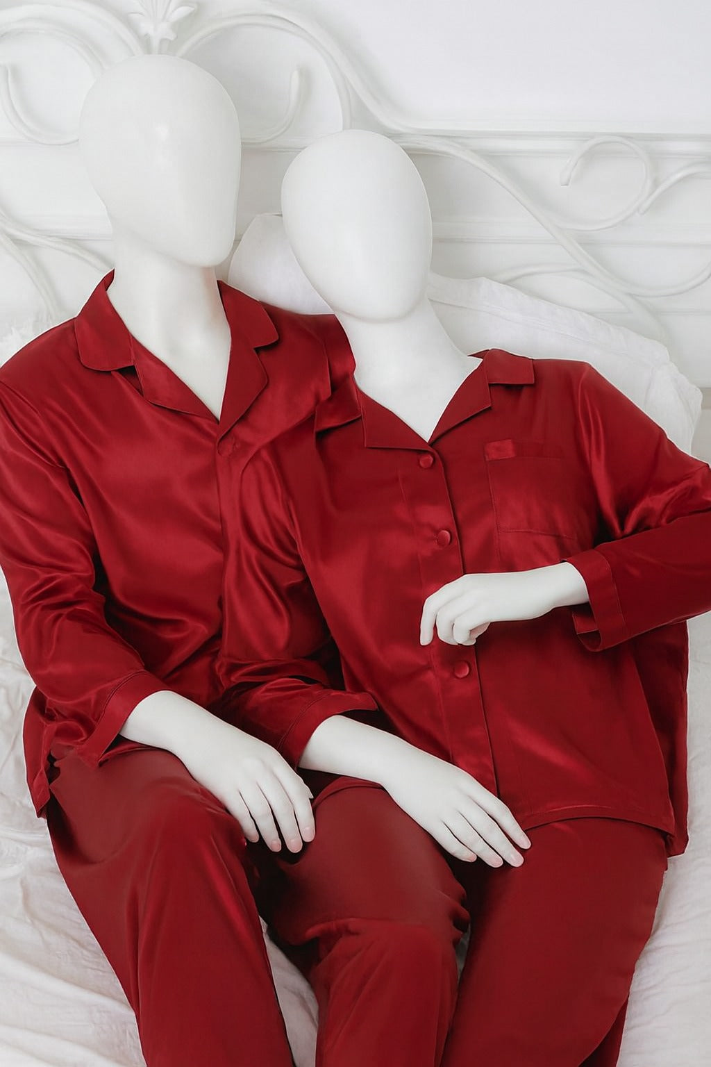 Couple Night Suit Silk Satin Pajama Set �Long Sleeve Top & Pants |  SKU: DC-C011 | Maroon (4 Pcs)