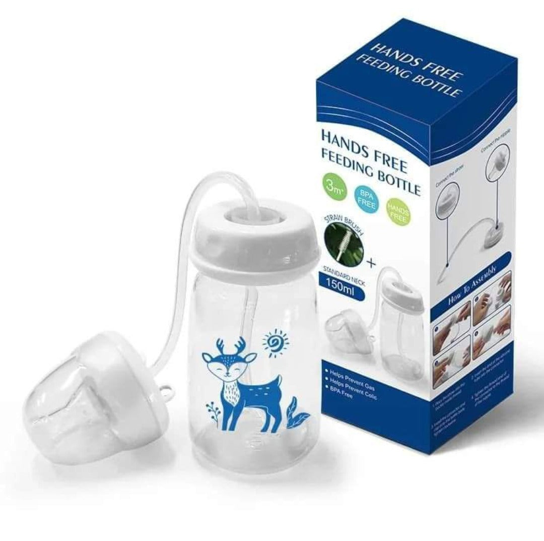 Baby Hands-Free Feeder Bottle 150ml | BPA-Free Anti-Colic Self Feeding Baby Bottle with Straw Brush (Random Color)