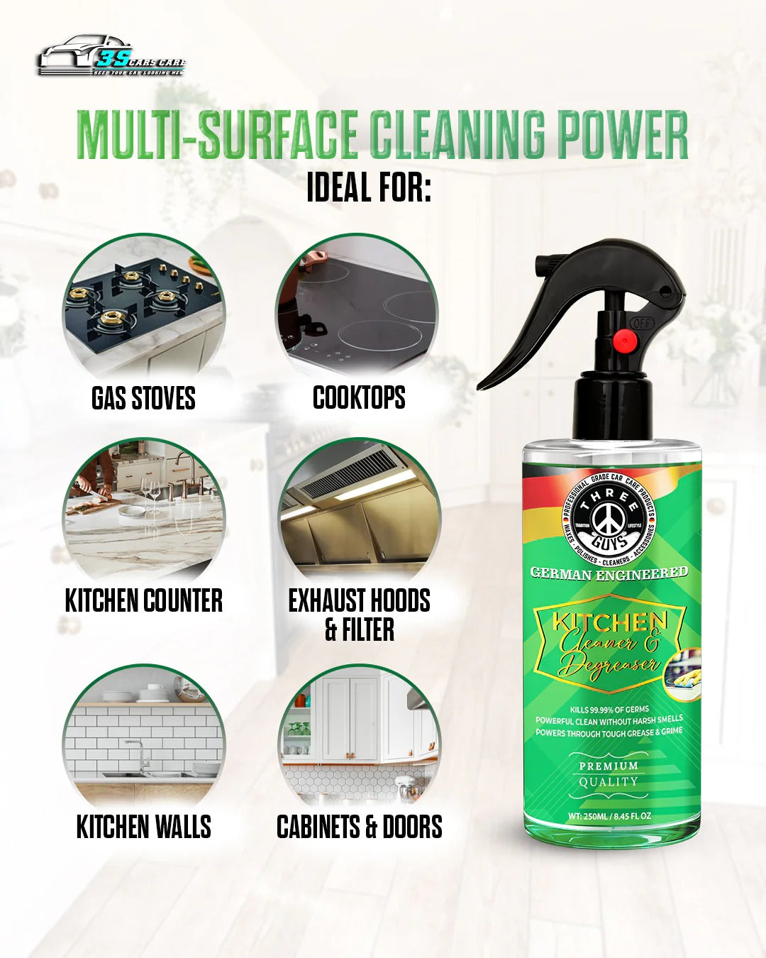 Kitchen Cleaner & Degreaser �Heavy Duty, Germ-Killing & Grease-Fighting Formula | THREE GUYS - German Engineered (250) ML