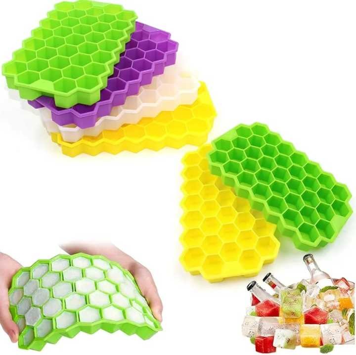 Silicon Ice Cube Tray With Lid | 36-Cube Honeycomb Shape Ice Mold | Durable Freezer Tray With Cover | Random Color