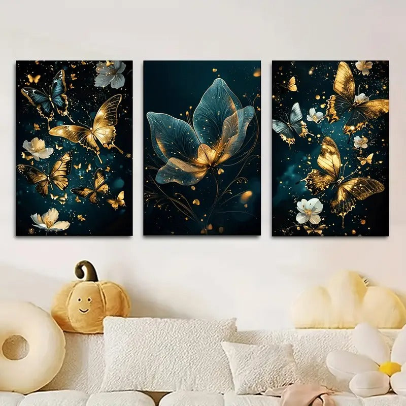 3 Pcs Butterfly Wall Art Frame Set �Elegant Golden Butterfly And Floral Design With Wooden Sticky Tile �8x11 Inches With Double Tape