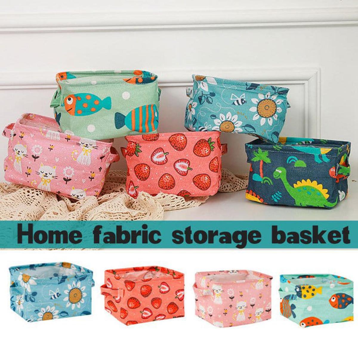 Foldable Desktop Storage Basket | Waterproof Cotton Linen Organizer | Mini Square with Handles (Random Colour And Design)