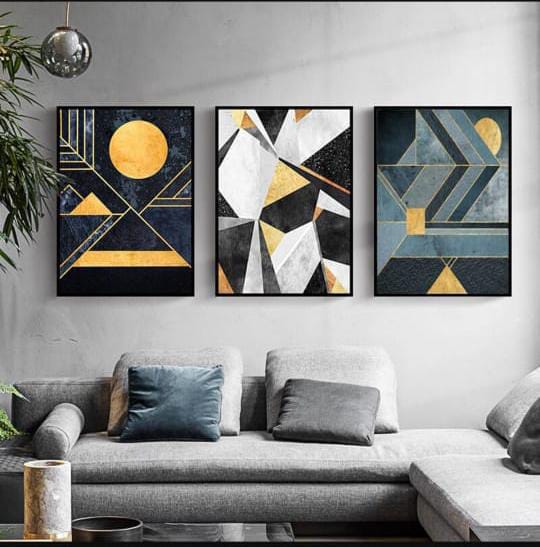 Modern Abstract Wall Art Set �3 Wooden Frames (8x11� with Geometric Gold & Black Designs | Easy Wall Mounting with Double Tape