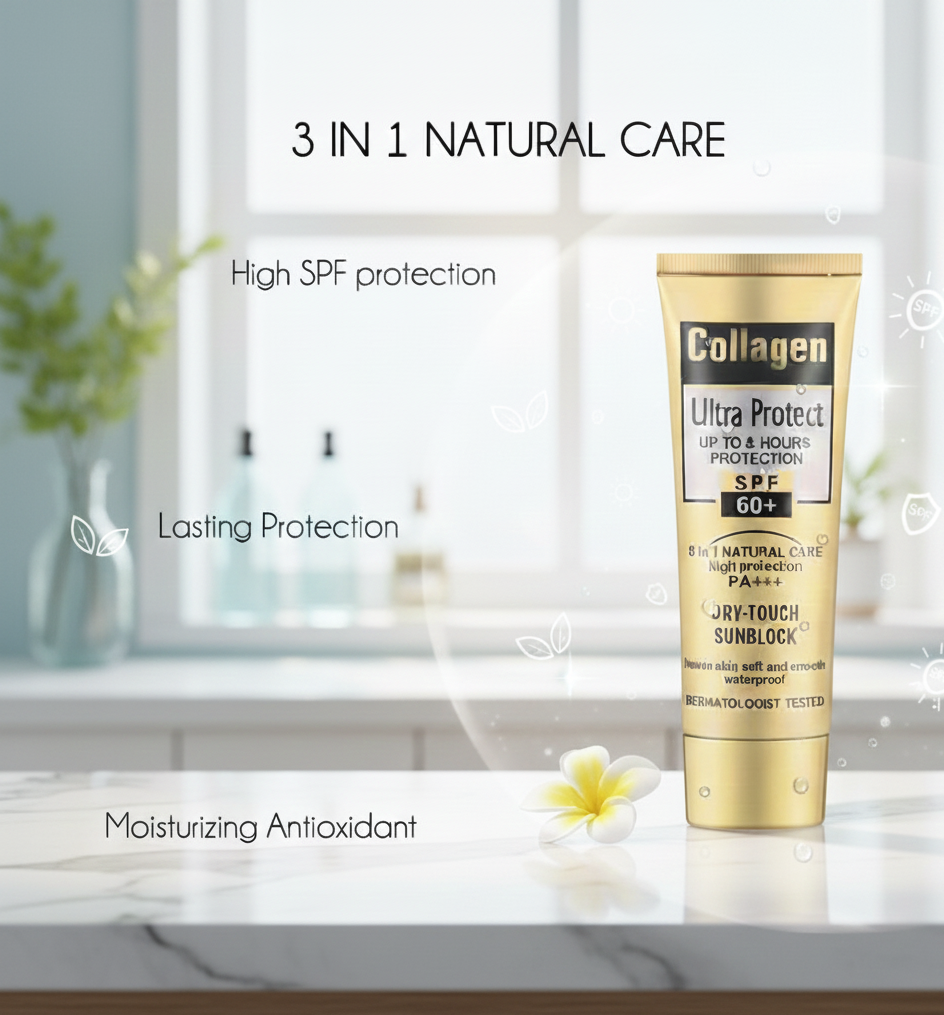 Collagen Ultra Protect Sunblock: High SPF 60+ PA+++, 3-in-1 Natural Care for Lasting, Moisturizing, and Waterproof Protection