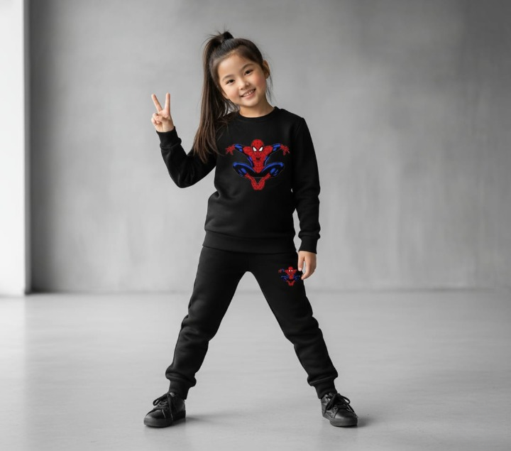 Kids Spider-Man Printed Black & Black Tracksuit Set | Winter Fleece Sweatshirt & Trouser Outfit for Boys & Girls �Warm & Trendy small