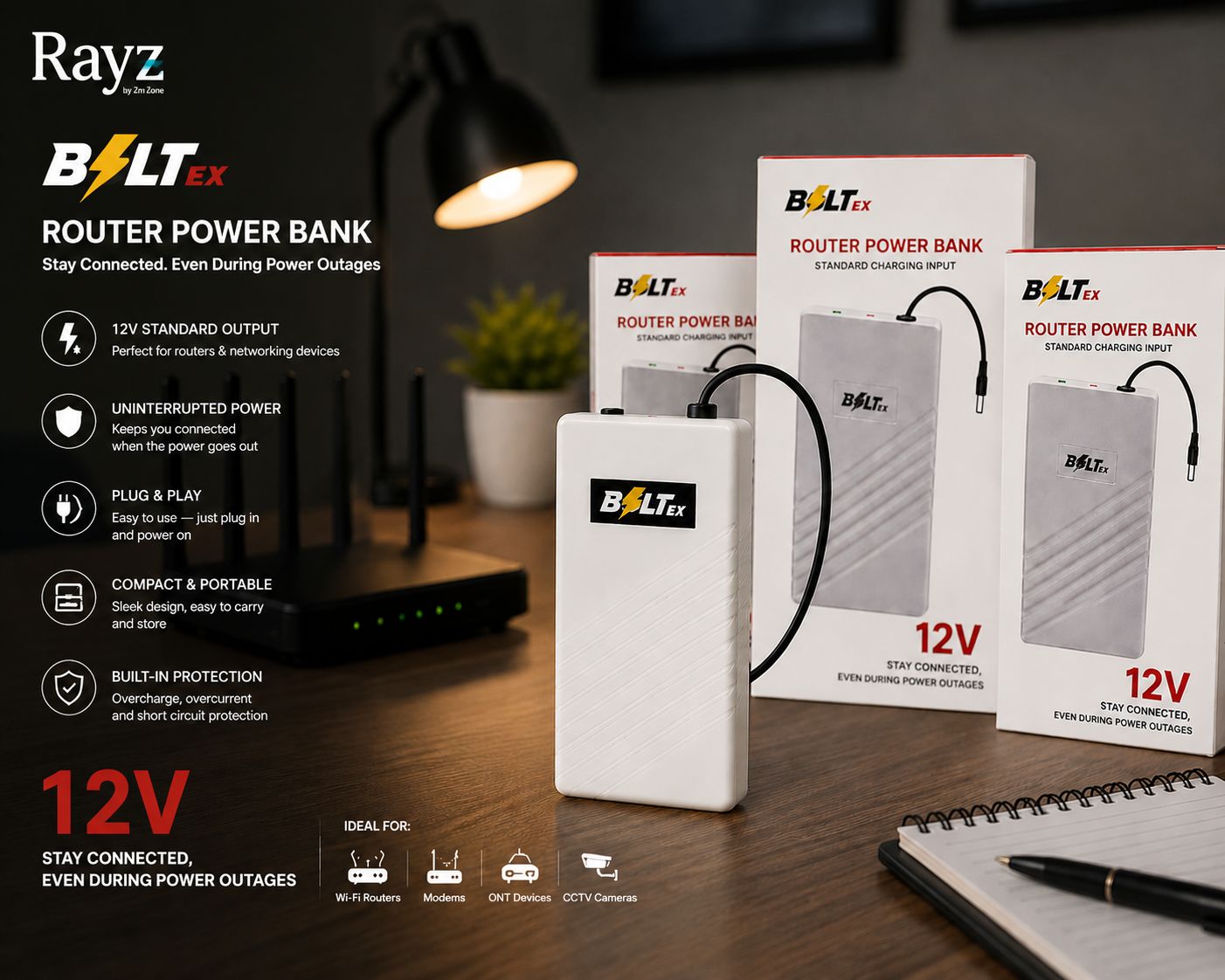 Bolt/ex 12V Router Power Bank on / off Button�High-Performance UPS for Non-Stop Internet (3-4 Hours Backup) - 20000Mah Battery