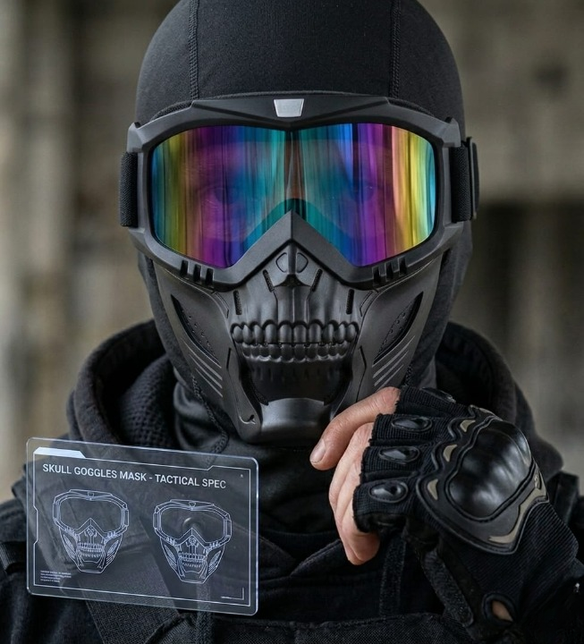 Premium Skull Goggles Mask �Full Face Tactical Protection for Bikers (Multi-Color Iridium Lens)