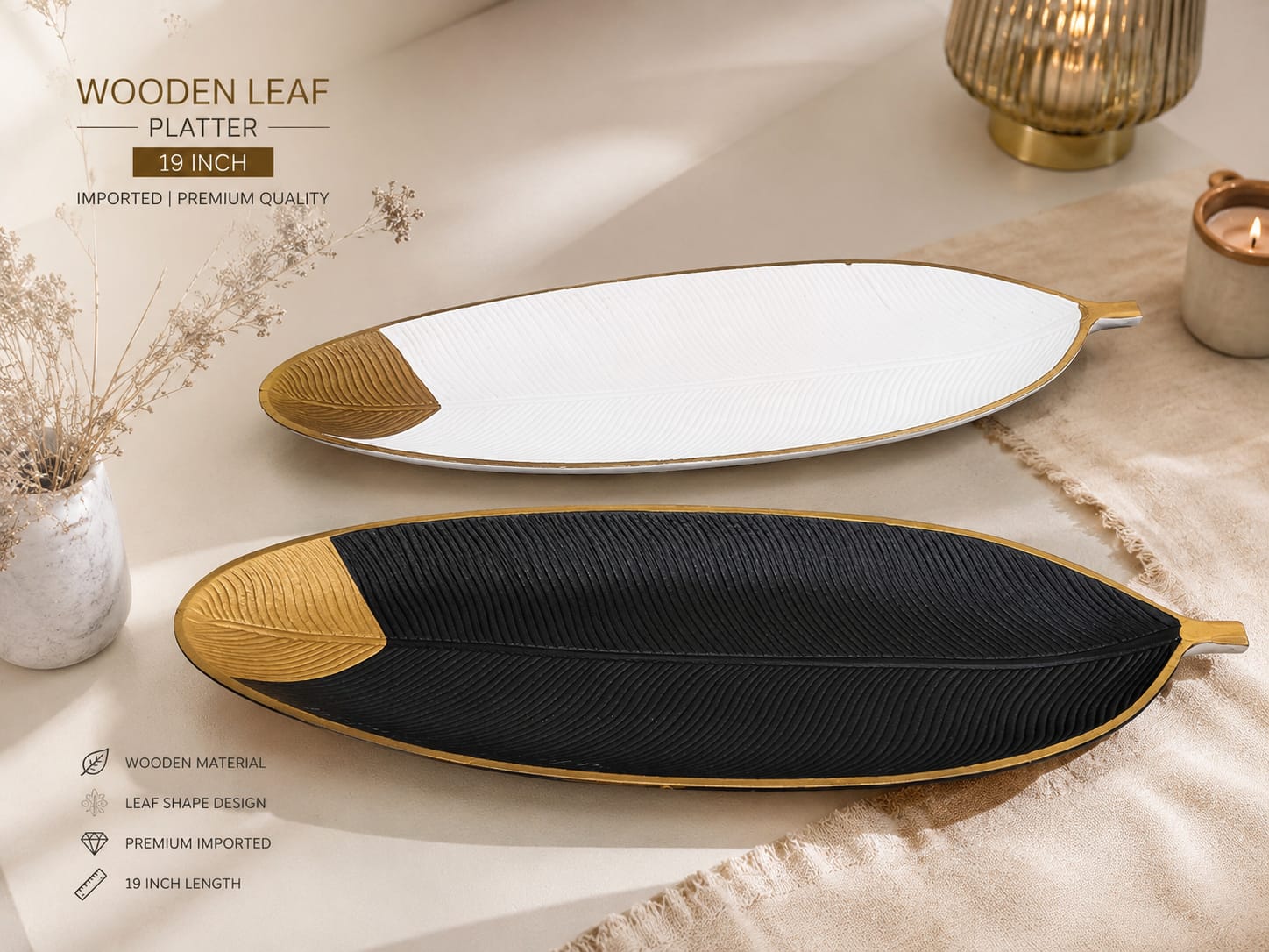 1 PCs Wooden Leaf Platter �Decorative Serving Tray for Snacks, Fruits & Table Display  | Size: 49.5 x 17.8 x 3 cm (Random Color)