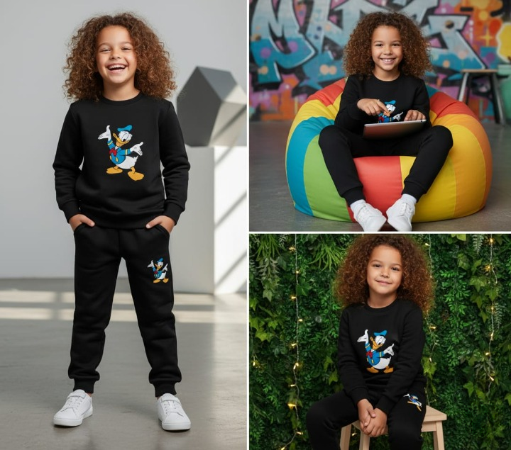 Black Duck Printed Kids Tracksuit | Winter Fleece Sweatshirt & Trouser Set �Warm, Soft & Stylish Garments for Boys & Girls small