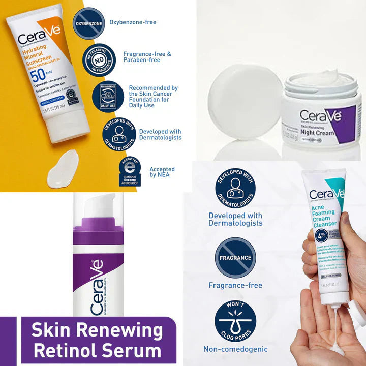 CeraVe 4-in-1 Skincare Bundle: Night Cream, Sunblock, Cleanser &amp; Serum for Radiant Skin