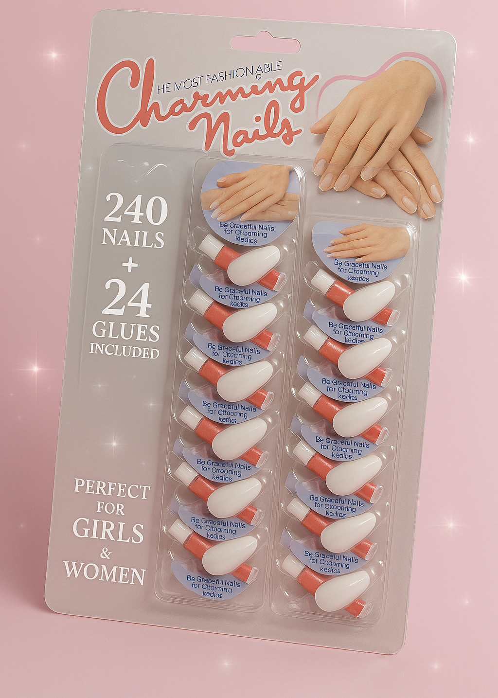 Pack of 24 Charming Artificial Nails with Glue �240 Nails &amp; 24 Glues Total, Beautiful Nail Extensions for Girls &amp; Women (Random color)