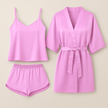 3-Piece Satin Sleepwear Set for Women �Camisole, Shorts & Robe | Elegant Nightwear & Loungewear �Free Size (Maroon)