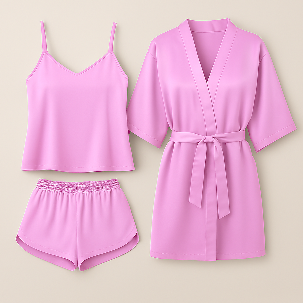 3-Piece Satin Sleepwear Set for Women �Camisole, Shorts & Robe | Elegant Nightwear & Loungewear �Free Size (Maroon)