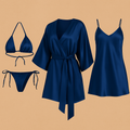 4 PCs-Style Satin Lingerie Set �Bikini, Slip Dress & Robe Combo �Free Size (Maroon)