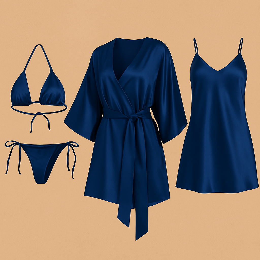 4 PCs-Style Satin Lingerie Set �Bikini, Slip Dress & Robe Combo �Free Size (Maroon)