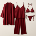 5-Piece Satin Sleepwear Set �Robe, Camisole, Pants & Bikini Nightwear - Free Size (Maroon)