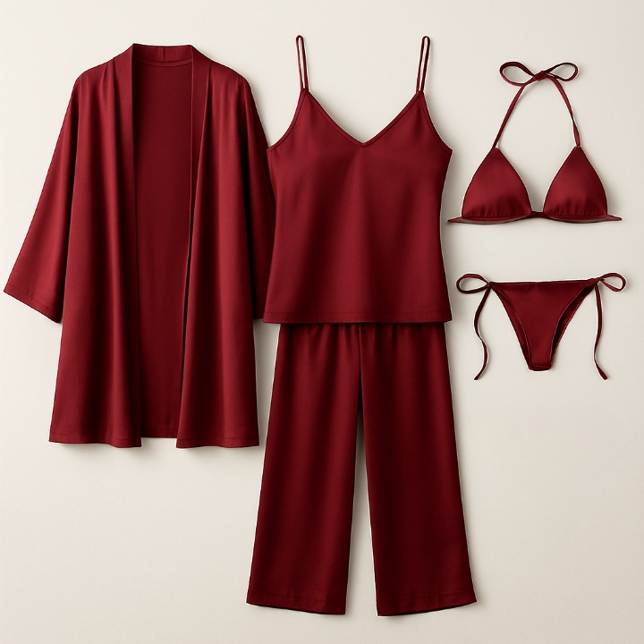 5-Piece Satin Sleepwear Set �Robe, Camisole, Pants & Bikini Nightwear - Free Size (Maroon)