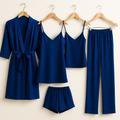 5-Piece Satin Sleepwear Set �Robe, Camisole, Shorts, Pants & Slip Dress Free Size (Maroon)