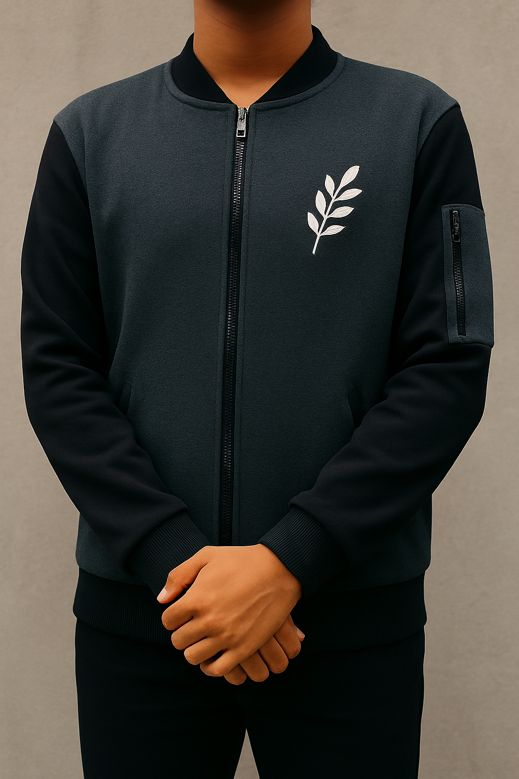 New Winter Collection Charcoal Grey Leaf Printed Zipper Jacket for Men &amp; Boys �Warm &amp; Stylish Fleece Outerwear - XL