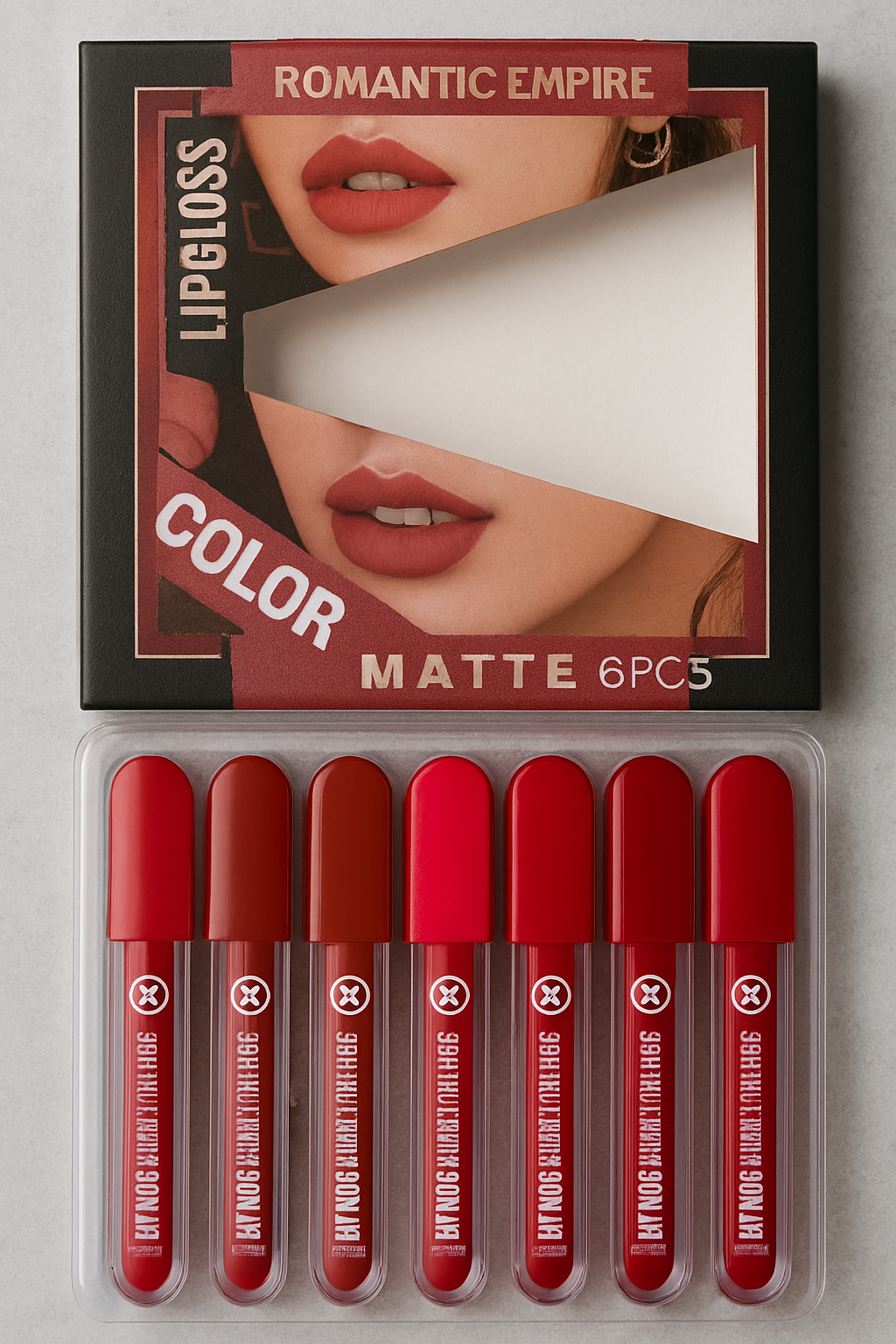 Romantic Empire Matte Lipgloss Set of 6 �High Pigment, Long-Lasting Liquid Lip Gloss | Shades of Red Collection