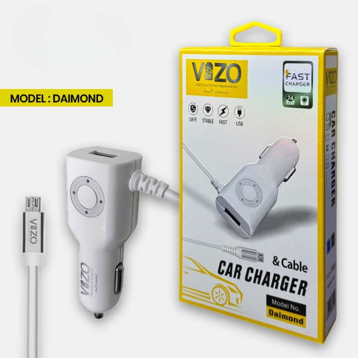 Diamond Car Charger with Built-in Micro Cable &amp; LED Light | Car Charger - Micro Cable Charger