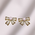PJT-995 Bow Shape Zircon Pearl Earrings for Women �Korean Style Jewelry with Sparkling Zircon &amp; Classic Pearl Center | Available in Golden &amp; Silver | Perfect Gift for Parties, Weddings &amp; Everyday Fashion - Golden
